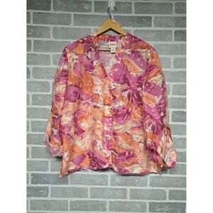 Ruby‎ Rd Favorites Floral Tropical Semi Sheer Roll Tab Sleeve Jacket Top Size 16